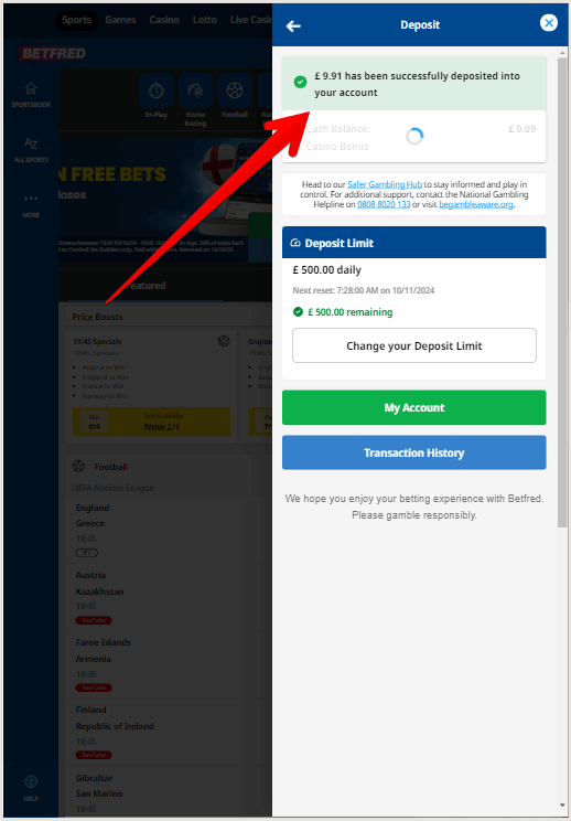 Betfred Deposit Confirmation