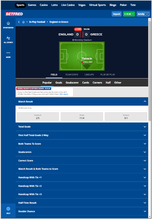 In-Play betting on football at Betfred