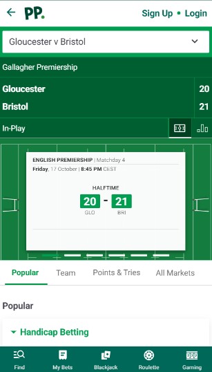 PaddyPower Inplay betting Sports UK mobile