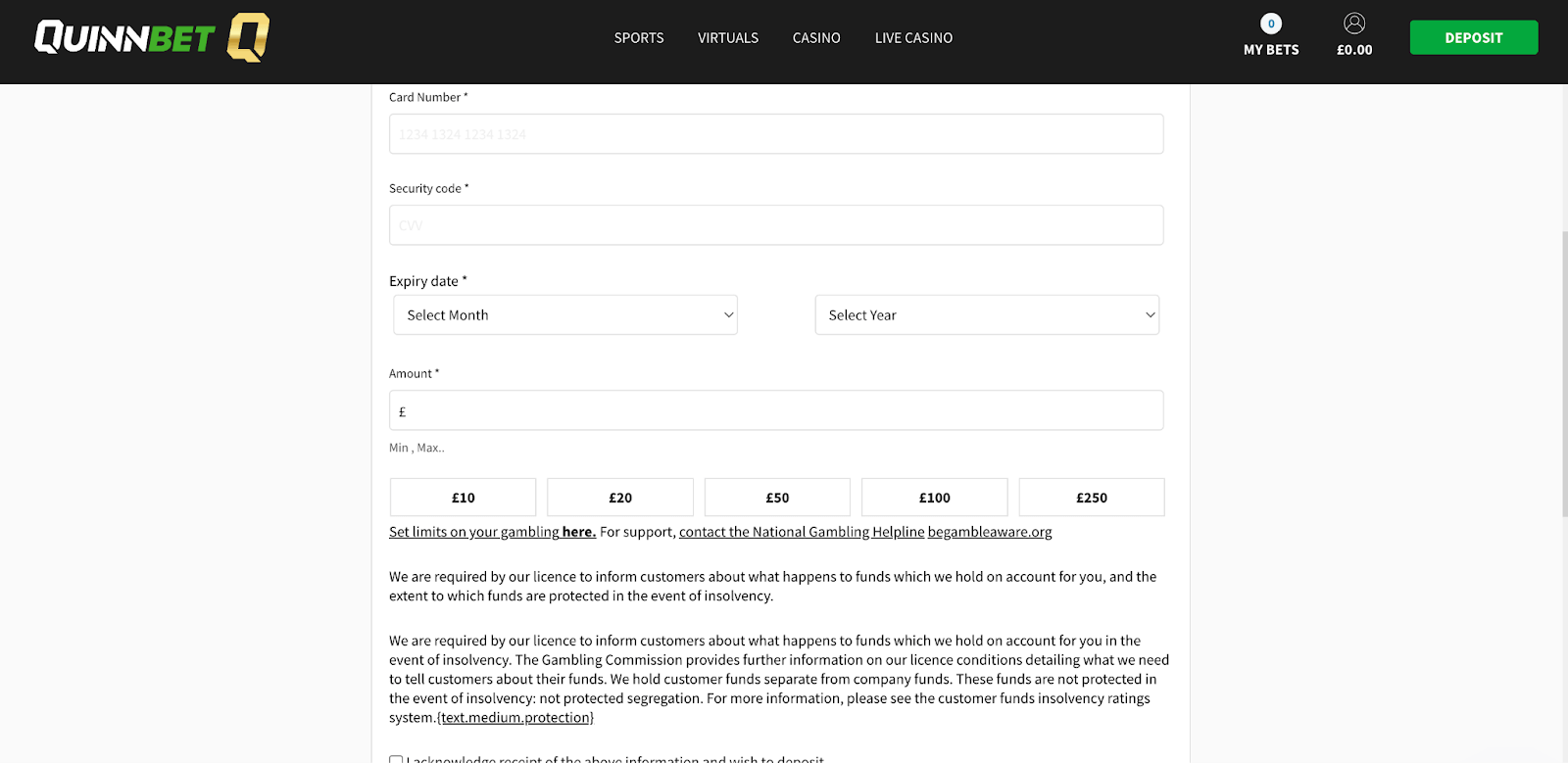 Quinnbet Deposit Page