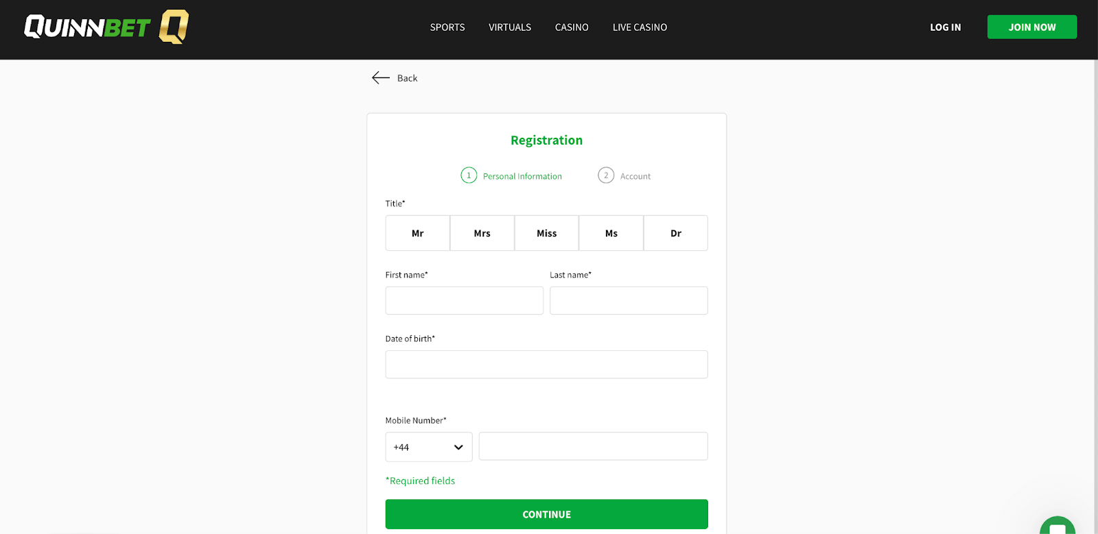 QuinnBet Registration Page