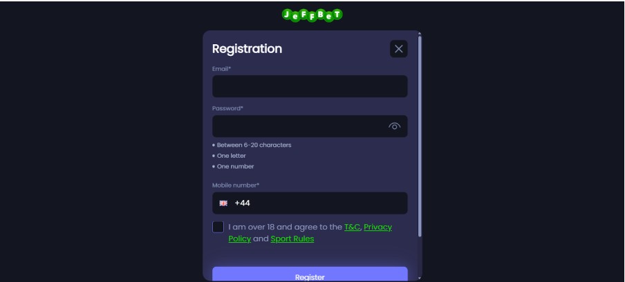 Jeffbet UK Sports Registration Step2