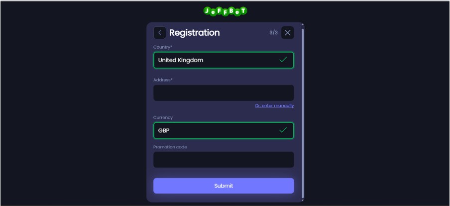 Jeffbet UK Sports Registration Step4