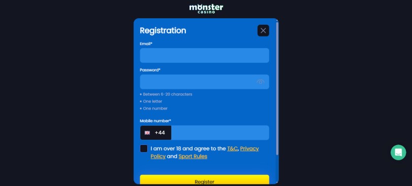 Monster Casino UK Sports Registration Step2