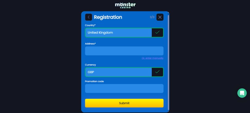 Monster Casino UK Sports Registration Step4
