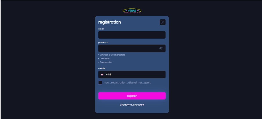 Registration Vegas Mobile Casino Sports Step2