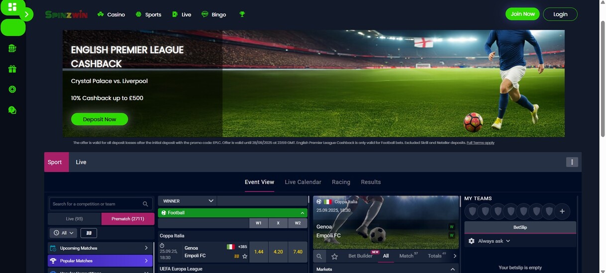 Spinzwin UK Homepage Sports pc