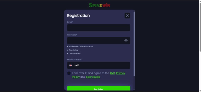 Spinzwin UK Registration Step2