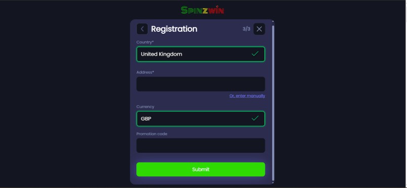 Spinzwin UK Registration Step4