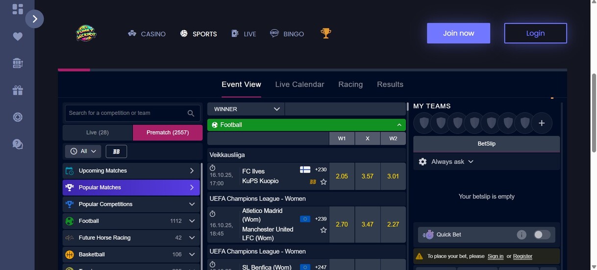 Funky Jackpot Sports Homepage