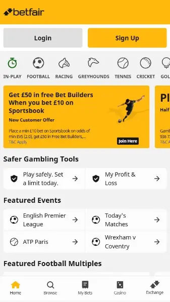 Interfaz de la página de inicio de Betfair mostrando casino y apuestas