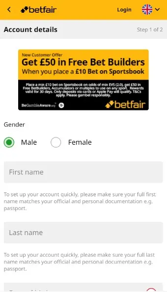 Proceso de registro en Betfair