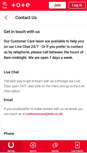 Tote UK Sports Customer Support mobile