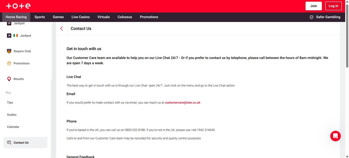 Tote UK Sports Customer Support