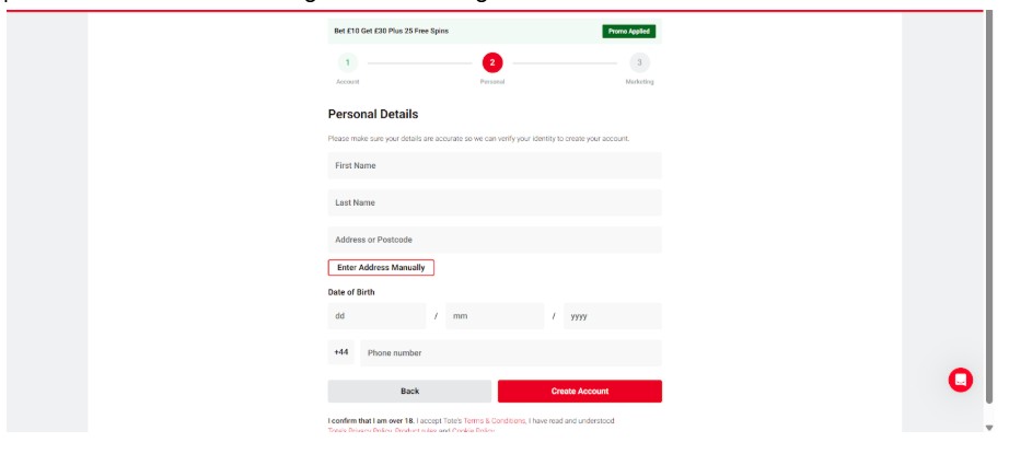 Tote UK Sports Registration Step3