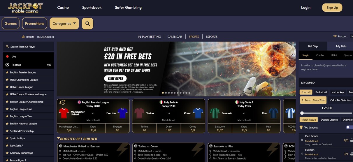 Jackpot Mobile Sportsbook Homepage UK pc
