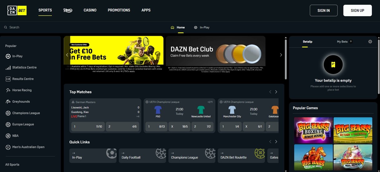 DAZN Bet Sports UK Homepage pc