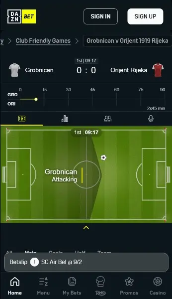 Interfaccia di live betting su DAZN Bet che mostra eventi sportivi in tempo reale e quote aggiornate