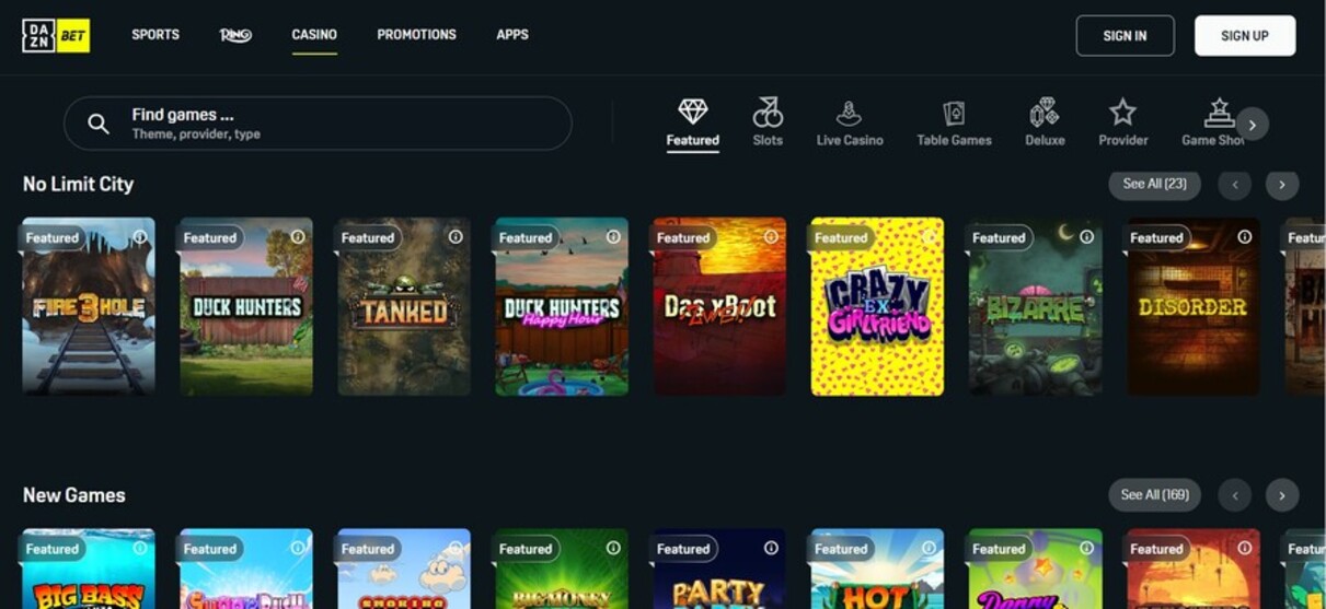 DAZNbet Casino UK Homepage pc