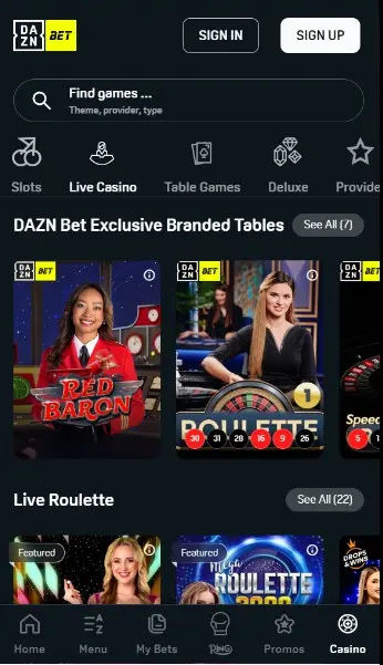 Interior del casino en vivo de DAZNBet mostrando ruleta y un crupier en vivo