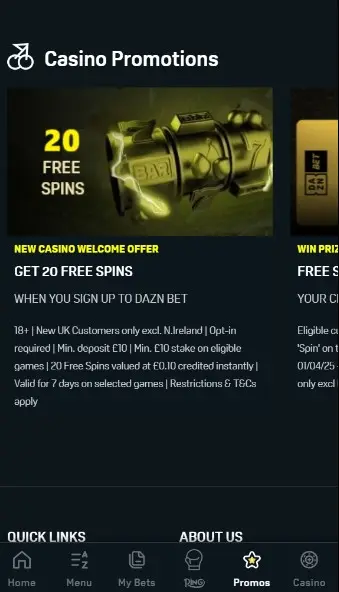 Interfaz de promociones de Daznbet casino en dispositivo móvil