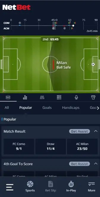 NetBet livebetting interface på mobil