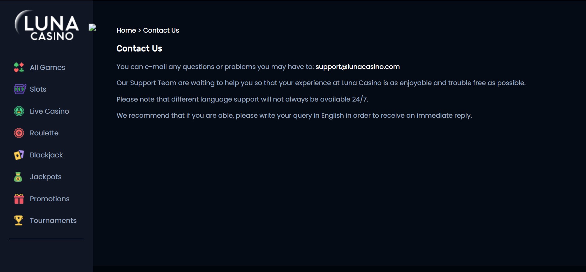 Luna Casino UK Customer Support Casino