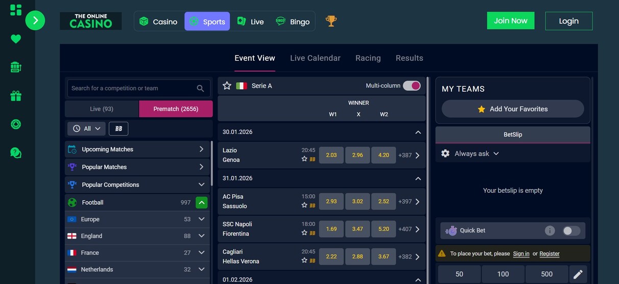 TheOnlineCasino UK Homepage Sports pc