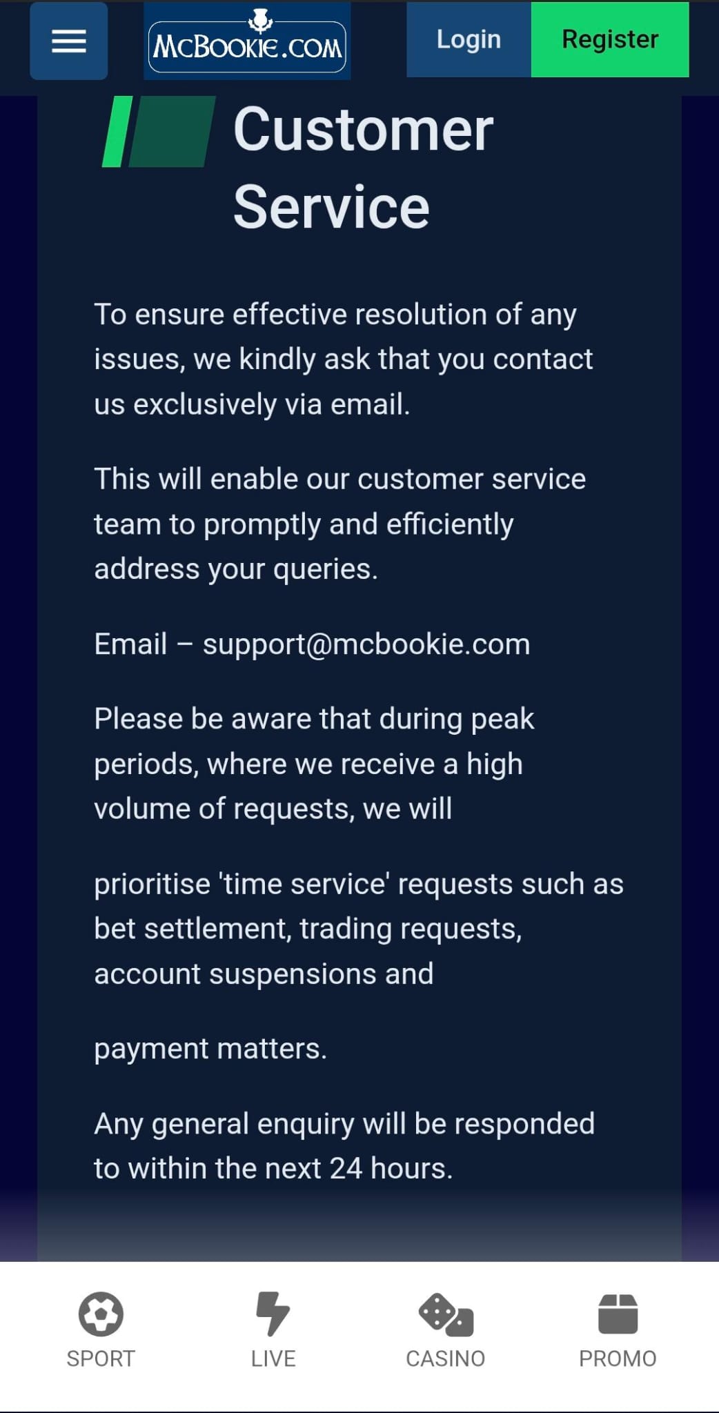 McBookie Customer Service Sportsbook UK mobile version
