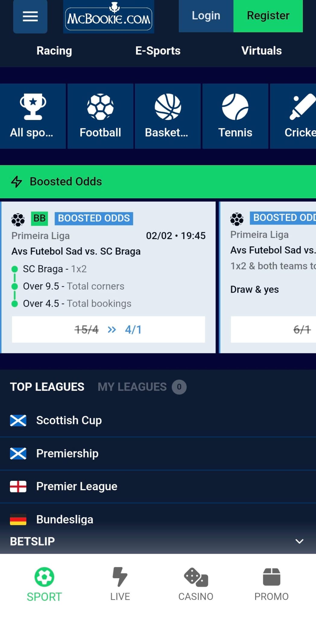 McBookie Homepage Sportsbook UK mobile version