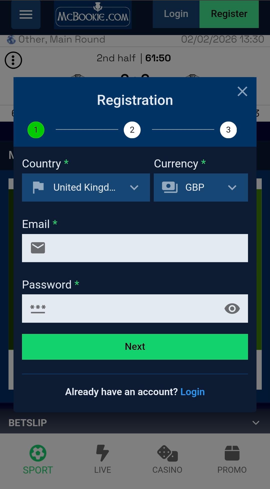 McBookie Registration Sportsbook UK mobile version