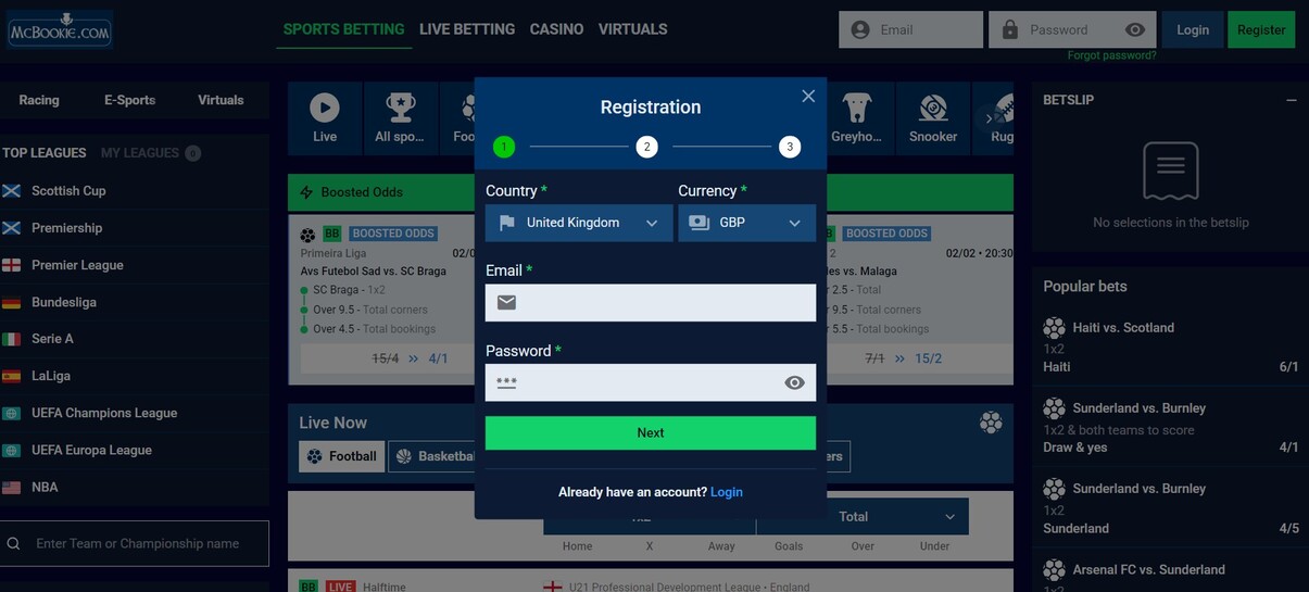 McBookie Registration Sportsbook UK pc