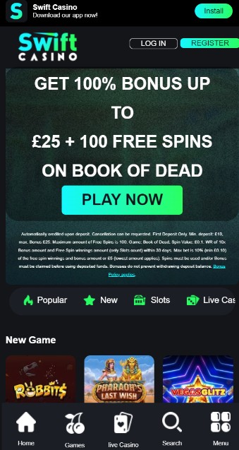 Swift Casino UK Homepage
