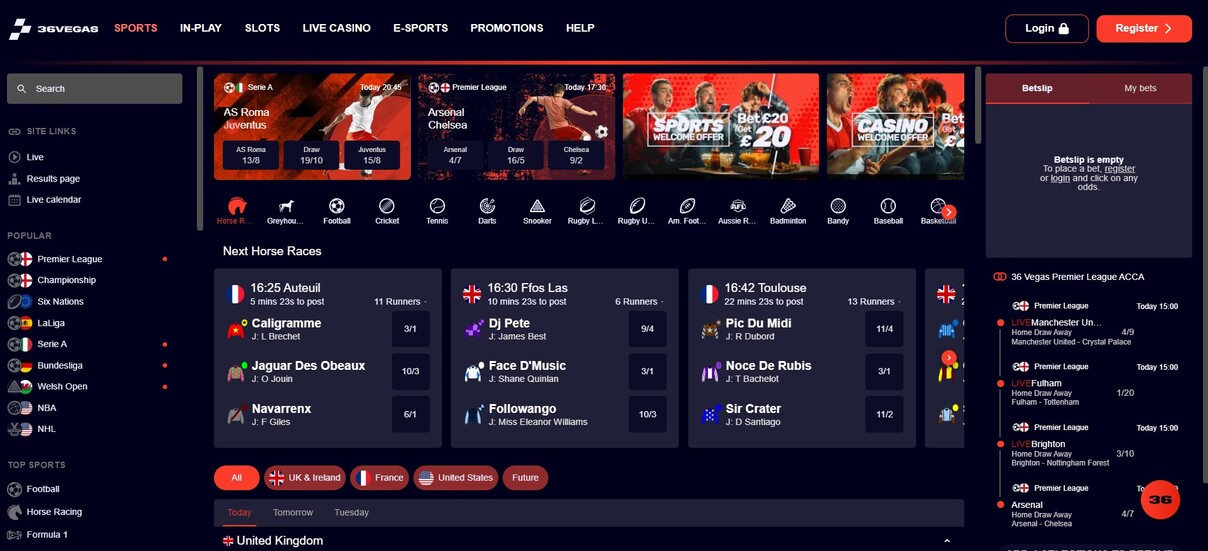36vegas Sportsbook UK Homepage pc