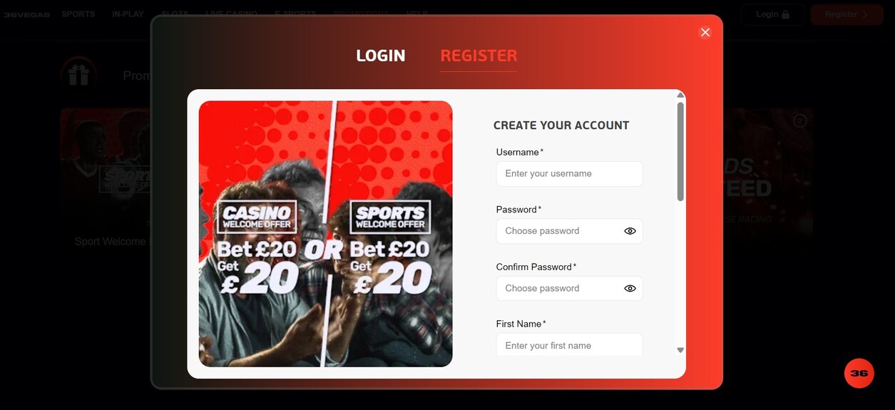 36vegas Sportsbook UK Registration pc