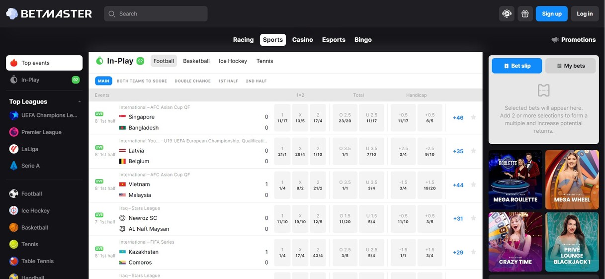 Betmaster Sportsbook UK Homepage pc