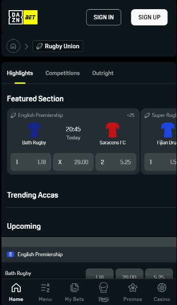 DAZNBet Rugby Betting uk mobile version