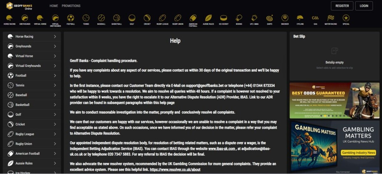 Geoffbanks Sportsbook UK Customer Support pc