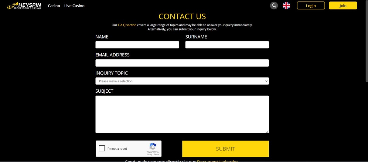 Heyspin Casino UK Customer Support pc