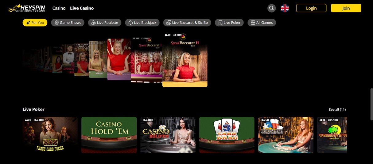 Heyspin Casino UK Live Casino pc