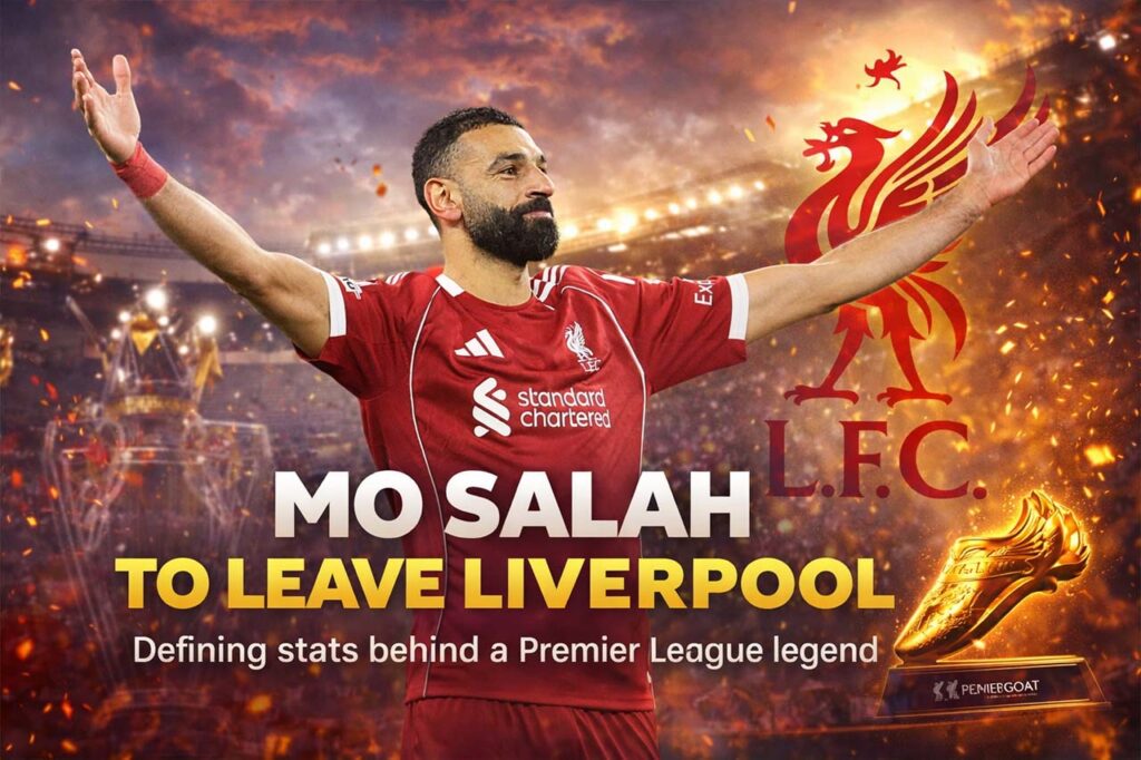 Mohamed Salah celebrating for Liverpool at Anfield during his final season before leaving the club in 2026