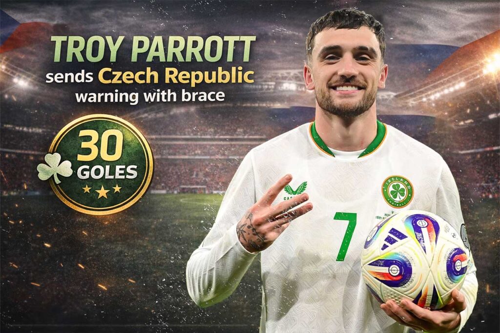 Troy Parrott celebrates brace for AZ Alkmaar against Sparta Prague after reaching 30 goals this season