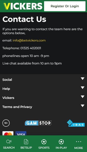 Vickers Sportsbook UK Customer Support mobile version