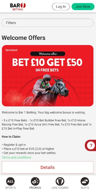 Bar One Racing Sportsbook UK Promotions mobile version