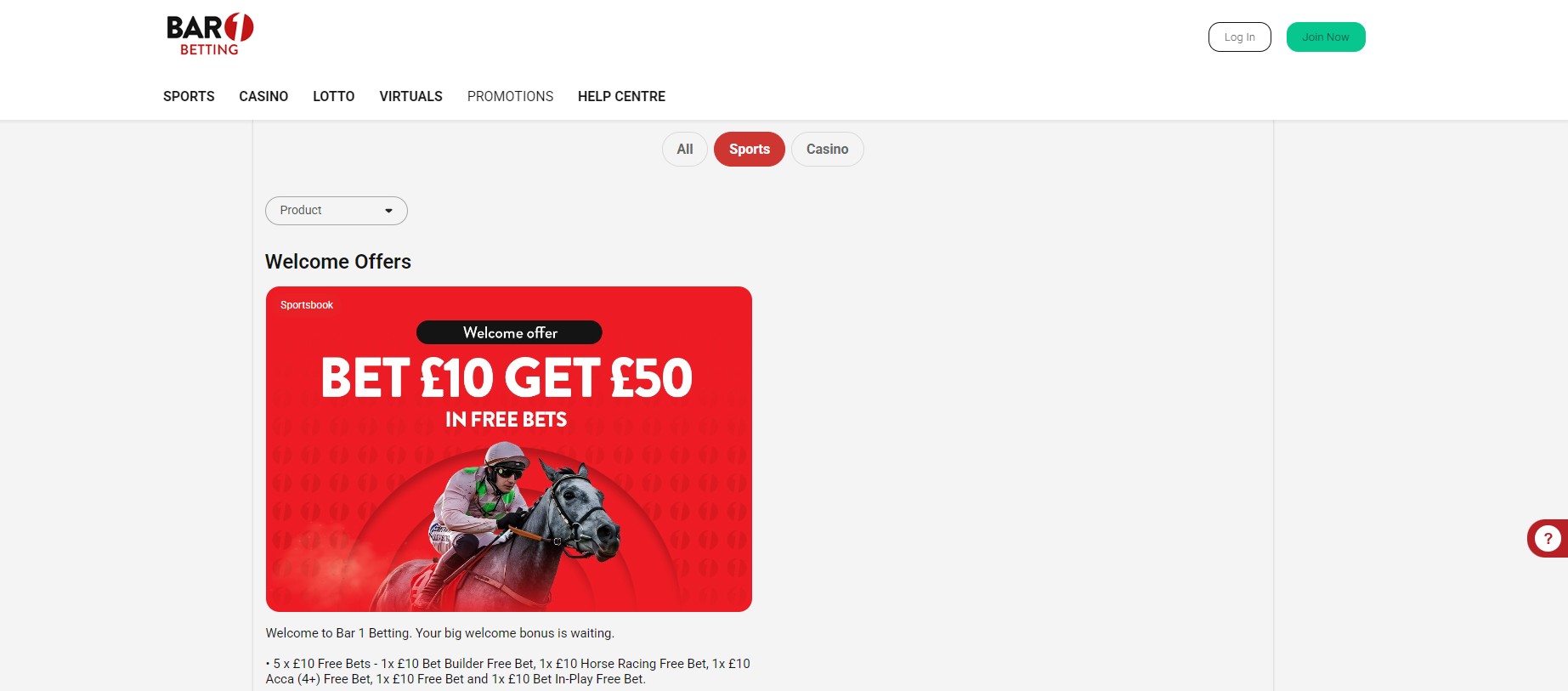 Bar One Racing Sportsbook UK Promotions
