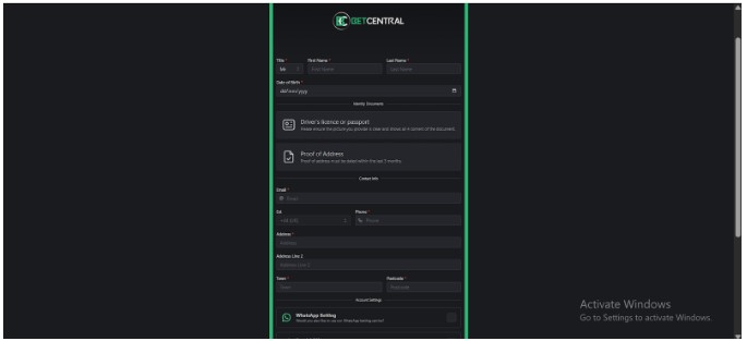 Betcentral Sportsbook UK Registration Step2
