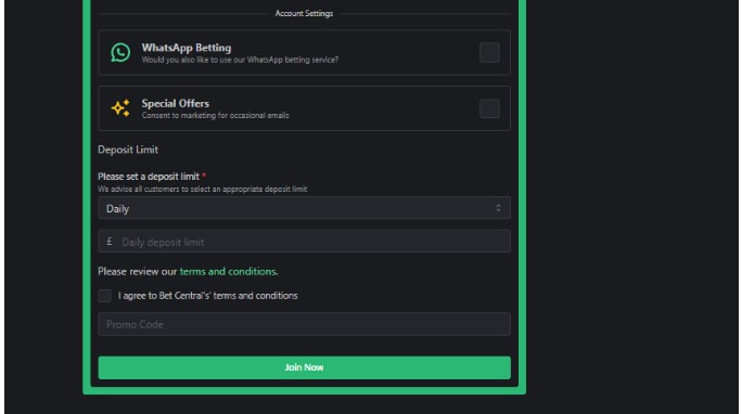 Betcentral Sportsbook UK Registration Step3