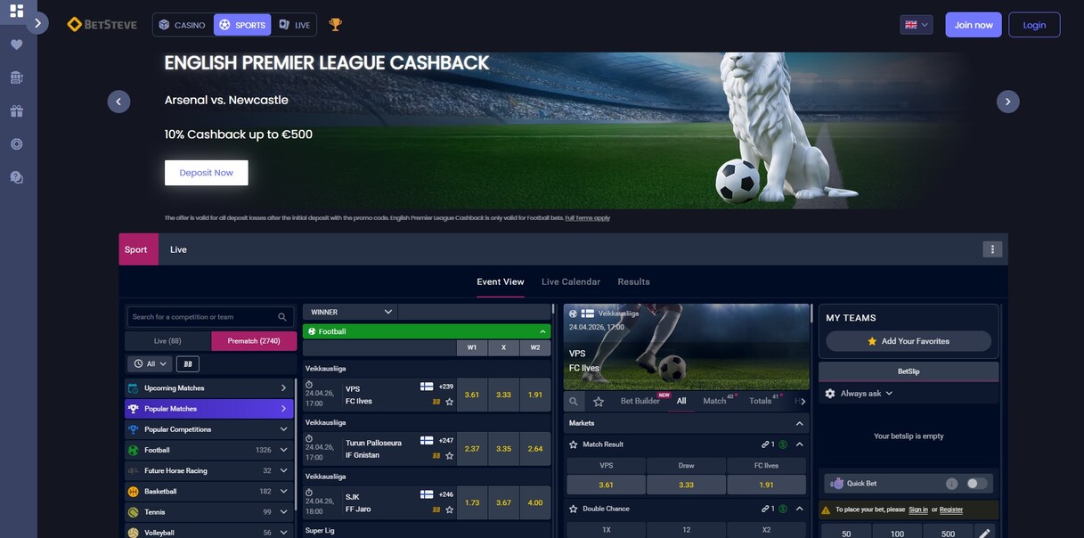 Betsteve Sportsbook Homepage UK pc