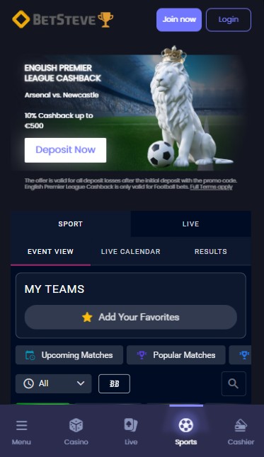 Betsteve Sportsbook Homepage UK