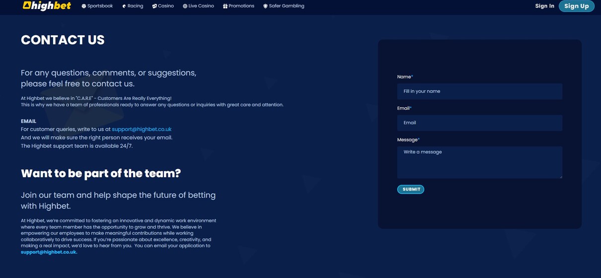 Highbet UK Sportsbook Customer Support pc